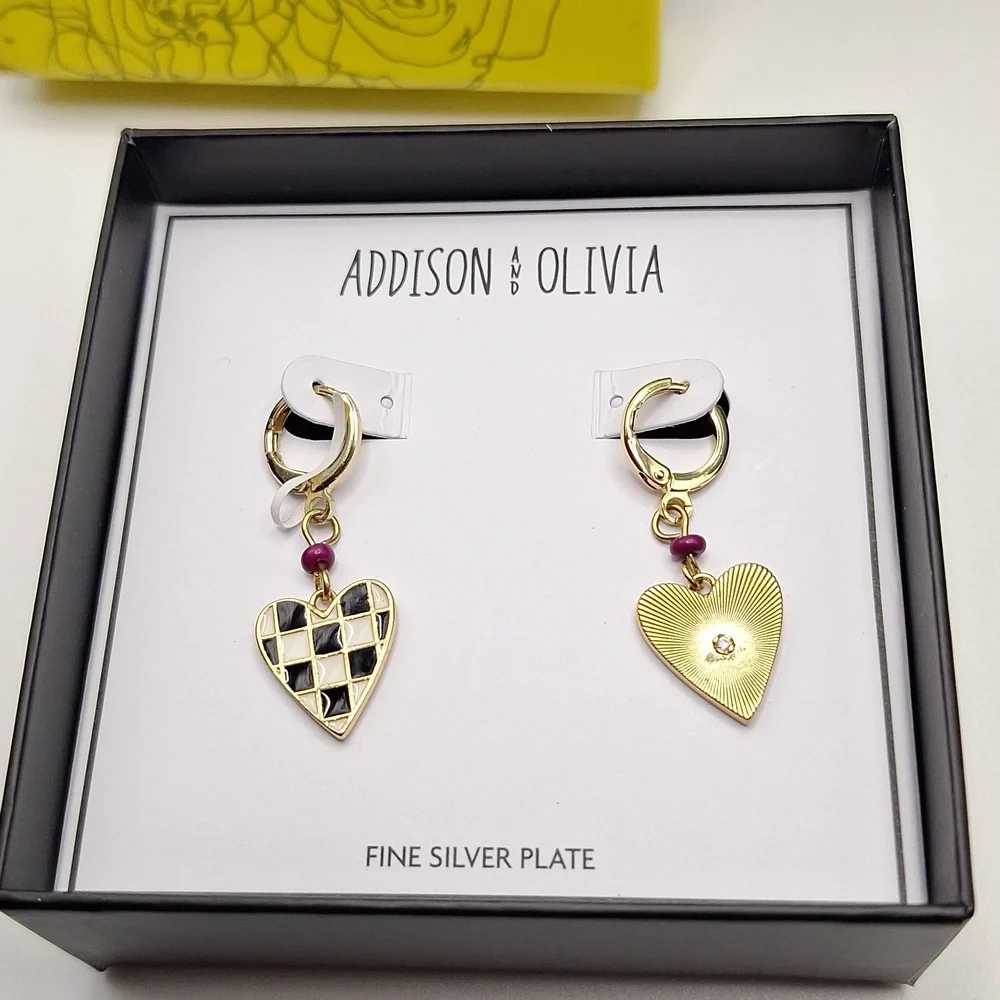 Addison & Olivia Checkered Heart Drop Earrings | Fine Silver Plate | Boxed